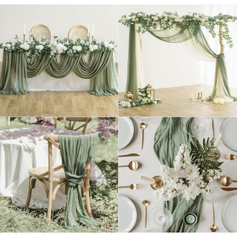 Chemin de table gaze de coton vert sauge 4m x 0,90 m