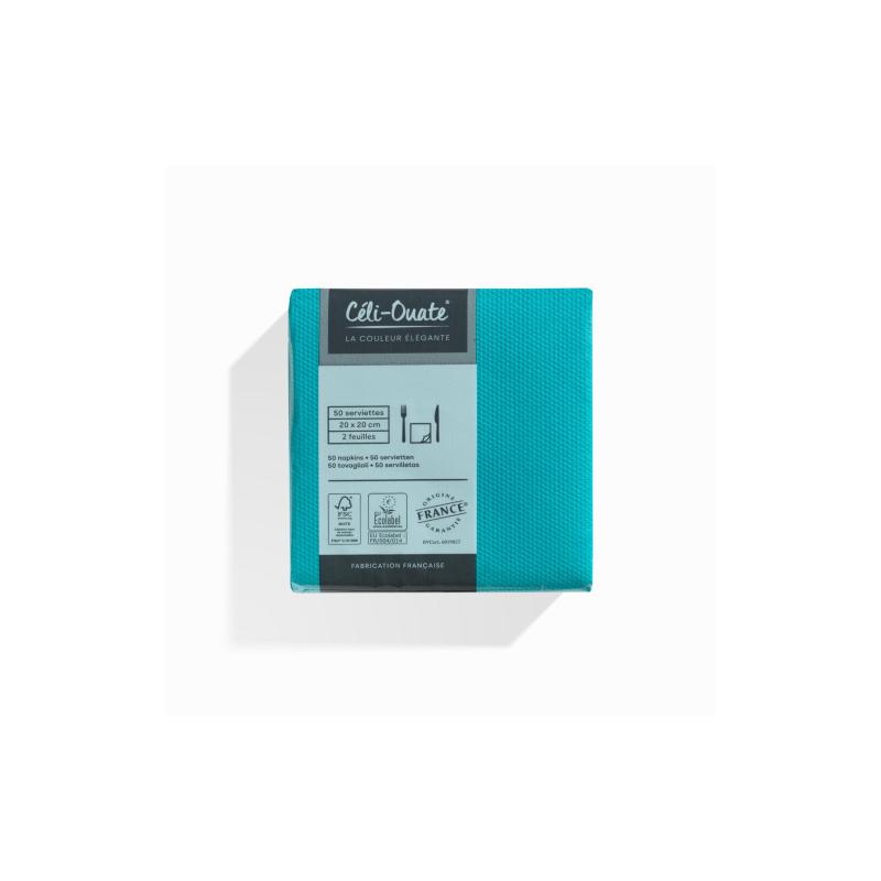 50 Serviettes Cocktail Ouate Turquoise (taille 20x20cm)